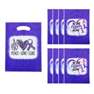 Purple awareness theme printed plastic gift bags with Peace Love Cure design for parties