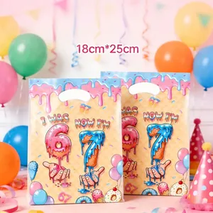 Birthday Party Plastic Gift Bags Cartoon Donut Ice Cream Letter Print Handle Bags For Candy Favor Packaging Kids Birthday Celebration Suppli