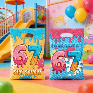 Kleurrijke verjaardagscadeautassen met vrolijke "67" prints in zoet snoepthema voor feest.