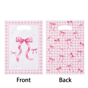 Detail view showing both front and back designs of pink bow ribbon gift packaging bags
