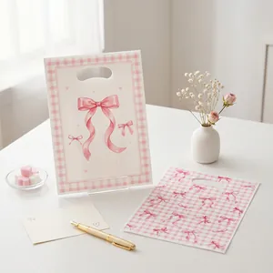 Aesthetic pink ribbon gift handle bag with gingham pattern for birthday party favors