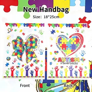 Bolsa de Regalo de Plástico Tema Concienciación sobre el Autismo Corazón Mariposa Patrón Rompecabezas Estampado Bolsa Empaque Caramelos Con Asa Para Fiesta Evento