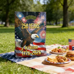 Festive American 250th anniversary gift bag with eagle and flag design at outdoor picnic
