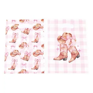 Elegant pink checkered gift bags featuring cowboy boots and bows for party favors 18x25cm