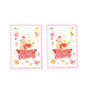Cute cartoon chicken themed birthday gift bag with pink checkered border for kids party