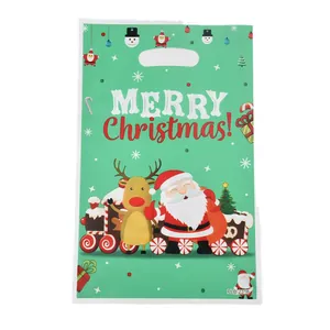 Green Christmas pearlescent film gift bag with festive Santa and reindeer print