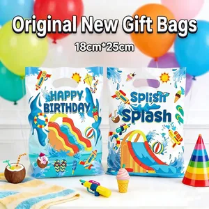 Summer Water Park Theme Gift Bags Thickened Plastic Tote Bags For Kids Birthday Pool Party Favors Printed Treat Bags