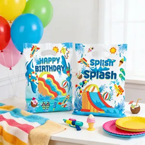 Colorful summer water park themed gift bags for pool parties and birthdays