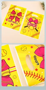 Detail view of vibrant softball and pink bow pattern on a yellow gift bag.