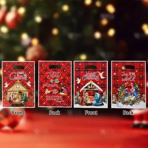 Nativity Scene Christmas Gift Bags Red Plaid Pearl Film Printed Plastic Handle Bags For Holiday Party Candy Packaging