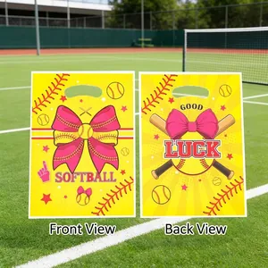Softball Theme Gift Bags Pink Bow Baseball Party Favor Bags Plastic Tote Bags With Handle Sports Birthday Decorations