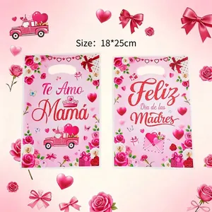 Bolsas de Regalo de Plástico para el Día de la Madre Rosa Rosas Te Amo Mamá Estampado Floral Bolsas de Fiesta para Dulces