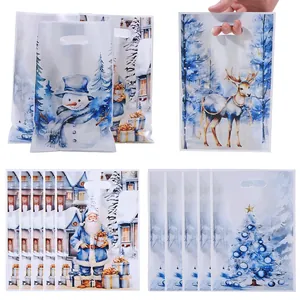 Christmas printed pearlescent gift bags with festive snowman and reindeer patterns