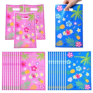 Tropical floral print plastic gift bags with handles for party favors and cookies