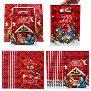 Red plaid Christmas gift bags with Nativity scene prints and festive handle design