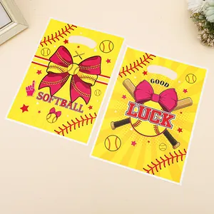Softball themed party gift bags with pink bow and bat design for kids' birthdays