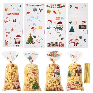 Set mit 4 weihnachtlichen Klarsichtbeuteln mit Weihnachtsmann- und Schneemannmustern