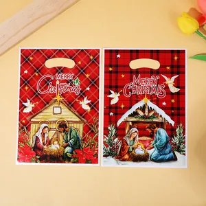 Red plaid Christmas gift bags with pearlescent film and sacred nativity scene prints