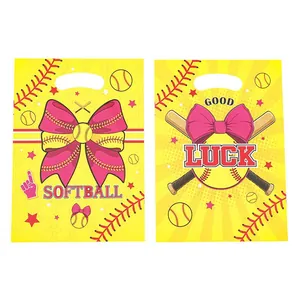 Softball themed yellow plastic party gift bags with pink bow for kids birthday favors
