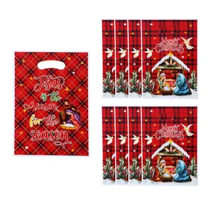 Religious red plaid Christmas gift bags featuring Jesus nativity scene and Merry Christmas text