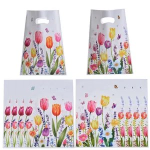 Elegant tulip printed gift bags for party snacks and favors presented on white background.