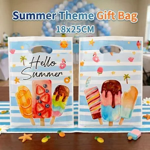 Sacchetti Regalo in Plastica a Tema Estate Ghiacciolo a Strisce Blu e Bianche Stampa Fenicottero per Festa in Spiaggia Piscina Hello Summer
