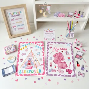Détail des sacs cadeaux rose pour pyjama party avec illustrations mignonnes et autocollants