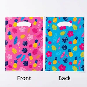 Detail view showing front and back of tropical Hawaii gift bags with hibiscus prints