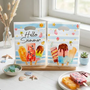 Set of summer popsicle theme handheld gift bags with blue white stripe flamingo print