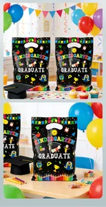 Close-up detail of colorful Kindergarten Graduate plastic gift bags for party favors and candy