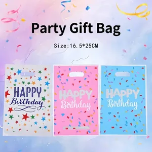 Set of three colorful Happy Birthday party gift bags with stars and confetti patterns