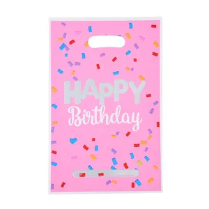 Pink Happy Birthday party gift bag with colorful confetti and shiny pearlescent finish