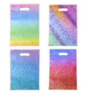 Colorful gradient glitter gift bags with die-cut handles for fashion packaging