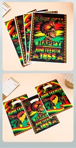 Detailed view of Juneteenth plastic gift bags featuring vibrant African heritage designs