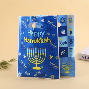 Festive blue Hanukkah plastic gift bags with menorah and Star of David patterns