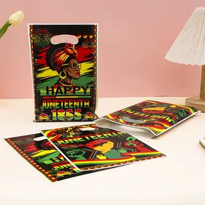 Juneteenth plastic gift bags with festive 1865 design and handles for party favors