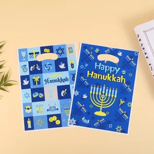 Festive Happy Hanukkah theme blue plastic gift bags with menorah and star patterns