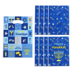 Hanukkah themed blue plastic gift bags with festive menorah and Star of David patterns