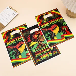 Colorful Juneteenth plastic party gift bags with African heritage designs and raised fist