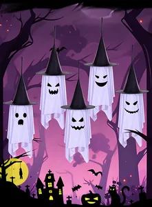 Set van vijf hangende Halloween-spoken met zwarte heksenhoeden in paarse griezelige scène