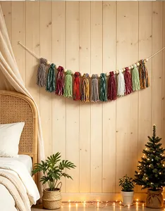 Handmade bohemian tassel garland with wooden beads for Christmas wall decoration.