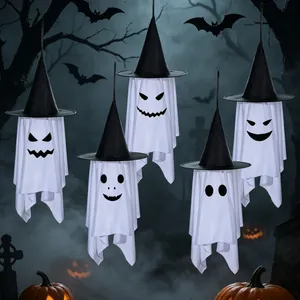 Halloween Hangend Spook Decoratie Met Heksenhoed LED Verlicht Griezelig Wit Spook Ornament Voor Tuin Buitenfeest Scène Decor