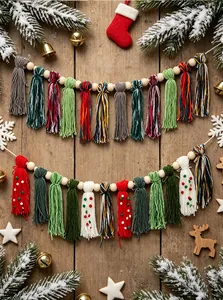 Bohemian Christmas tassel banner with wooden beads for fireplace and wall decor