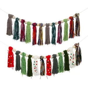 Christmas Tassel Banner Bohemian Handmade Polyester Tassel Garland With Wooden Beads Fireplace Wall Hanging Holiday Party Decoration
