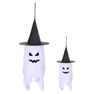 Halloween hangende geest decoratie set met zwarte heks hoeden en gezichten