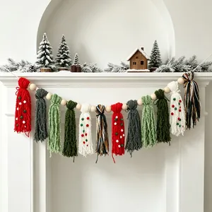 Handmade Bohemian Christmas tassel garland with wooden beads for fireplace mantel decor