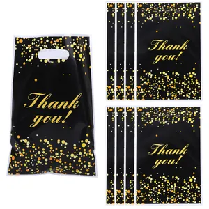 Zwarte en gouden Thank You-cadeauzakjes met confettiprint voor feestjes en evenementen.