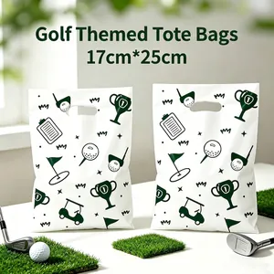 Golf themed white plastic gift bags featuring green sports icons and die-cut handles