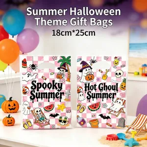 Summer Halloween Theme Gift Bags Pink White Checkered Plastic Treat Bags Ghost Skull Watermelon Prints Birthday Party Favor Return Bags