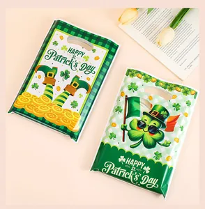 Close-up of St. Patrick's Day gift bags with shamrock and gold coin patterns